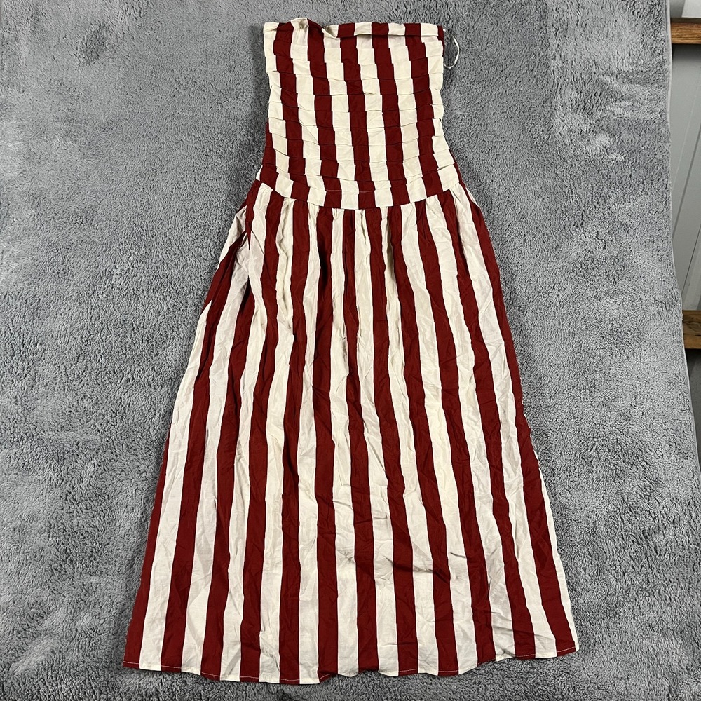 By the River Sundress Womens Small Red White Striped Lined Smocked Strapless